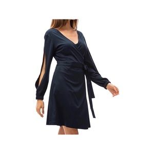 Navy blue wrap dress with keyhole sleeves